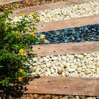 Walking paths with gravel and wood in the garden