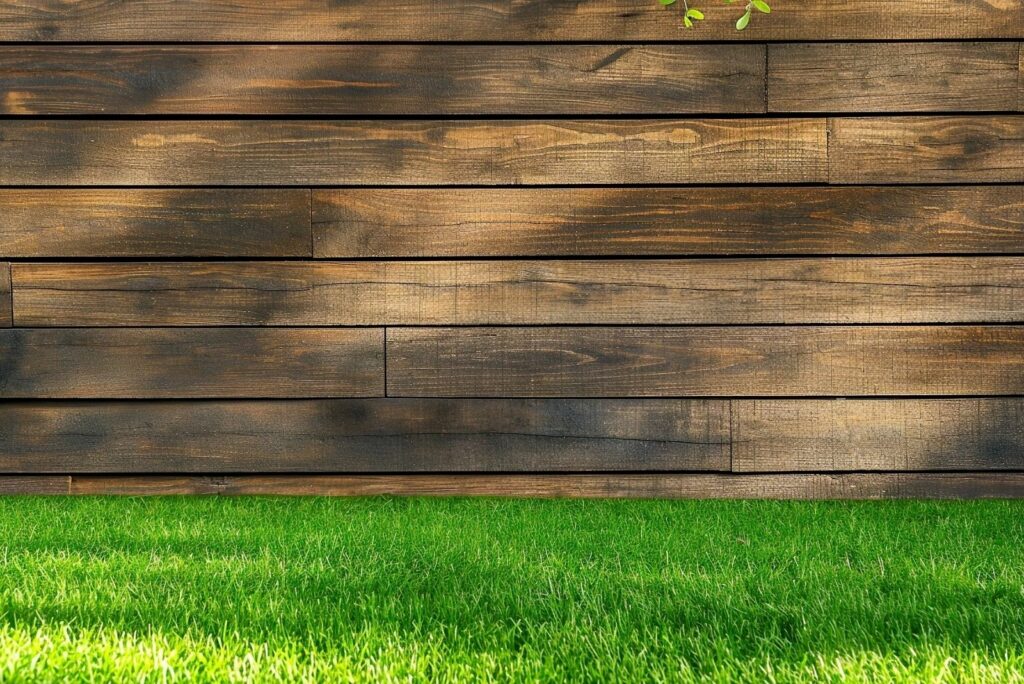 Green grass lawn and wooden wall