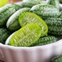 Freshly harvested cucamelons in bowl on a rustic wood table