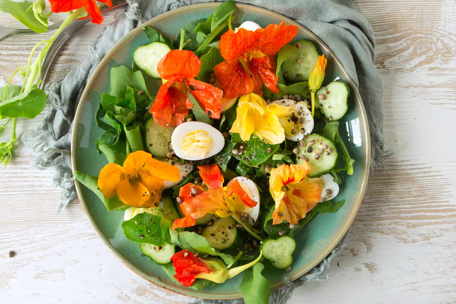 flat lay plate of salad with eggs, cucumbers and edible nasturtium flowers