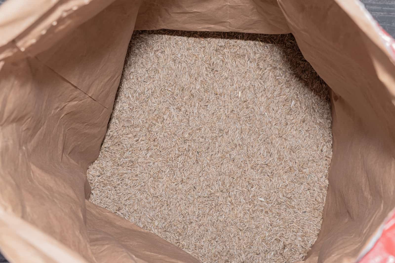 lawn grass seeds in a large paper bag