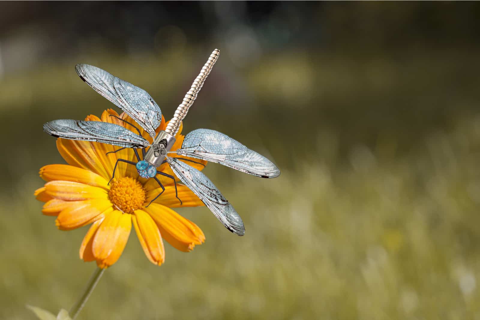 Blue steampunk dragonfly sits on orange marigold flower