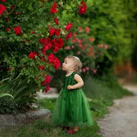 the little girl walks in the park and smells the roses