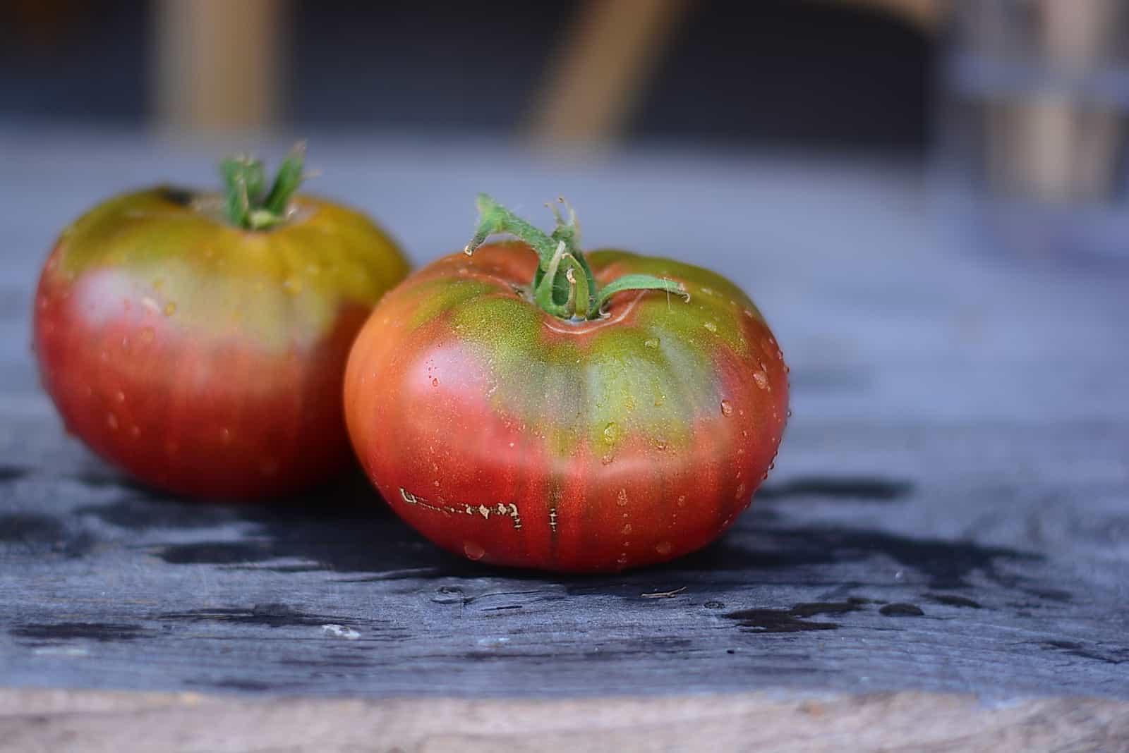 wet Cherokee Purple tomatos on table