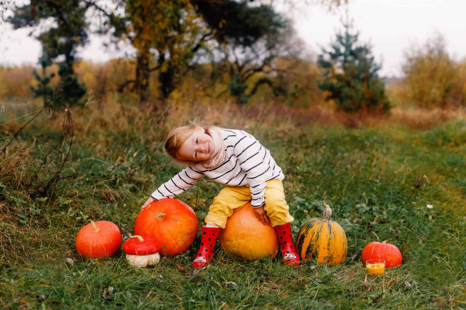 girl sitting on large pile of pumpkins