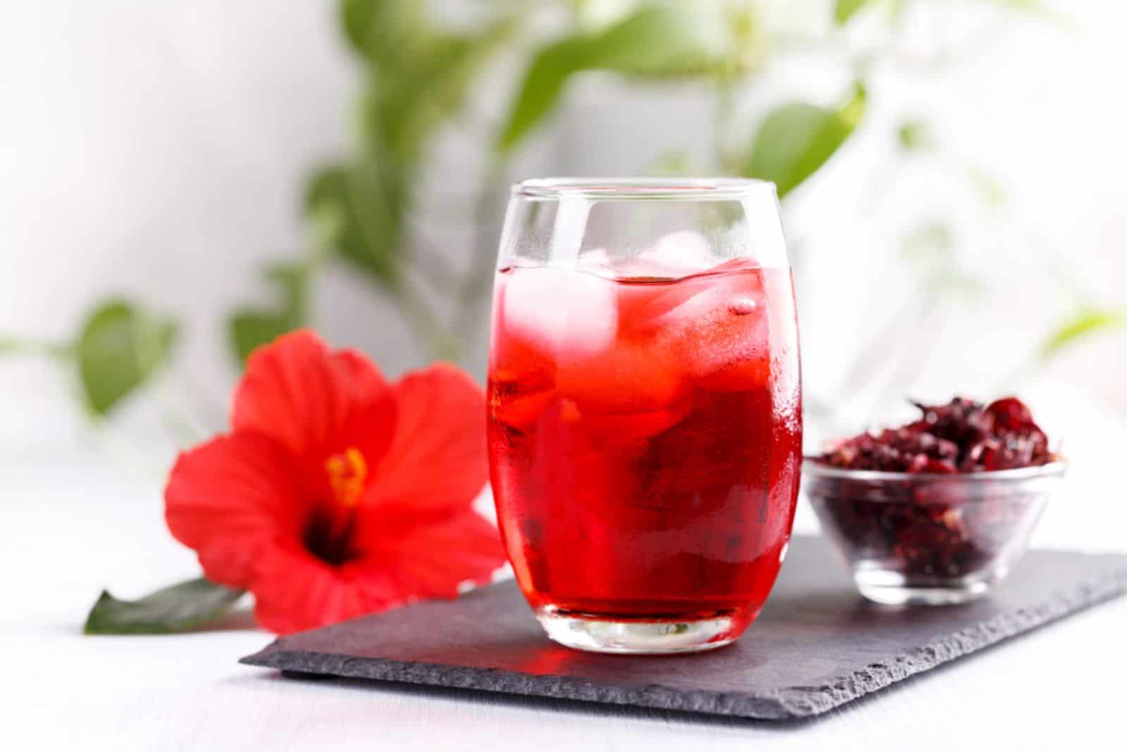 Cold refreshing hibiscus iced ted in a glass with red flower