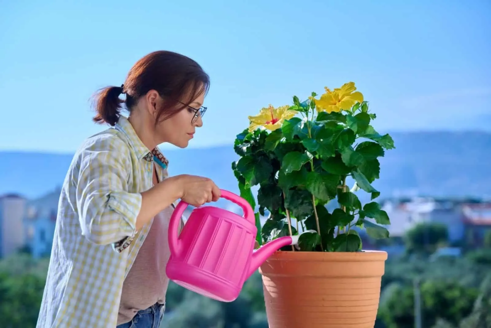 An adult woman watering a flower in a pot
