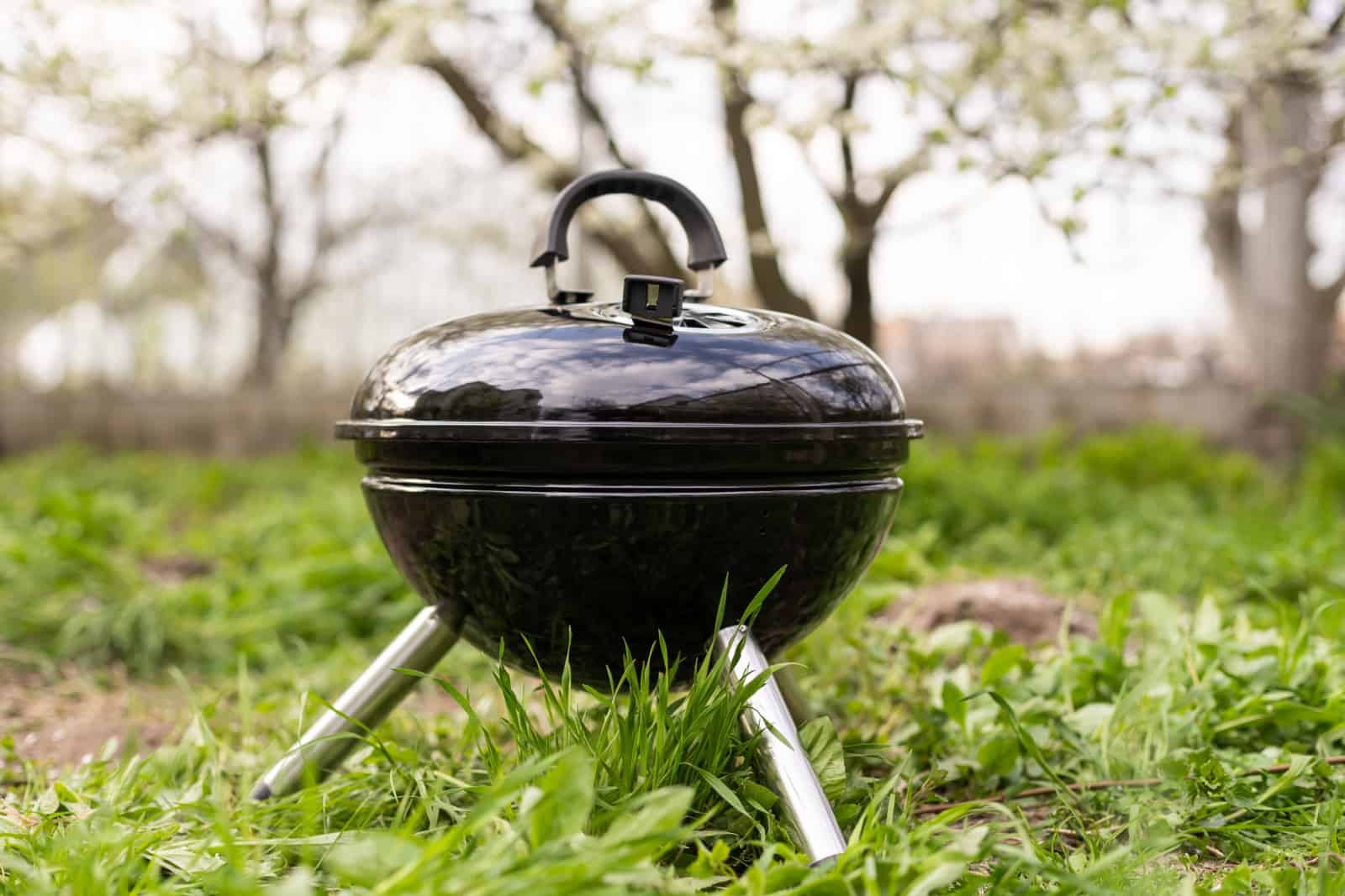 An empty barbecue grill stands in the yard