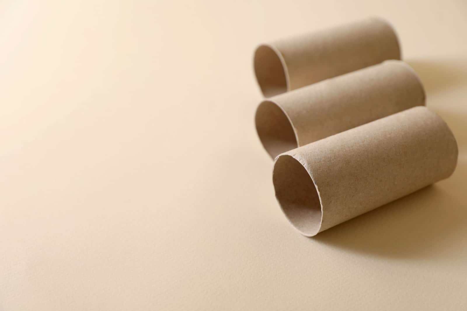 Empty toilet paper rolls on beige background