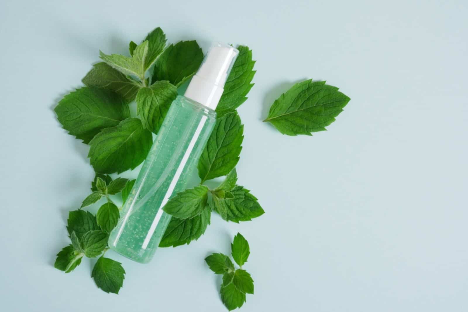 cosmetic bottle with green gel and fresh mint 