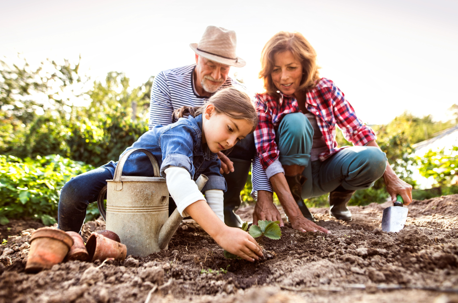 child with her grandparents planting seeds