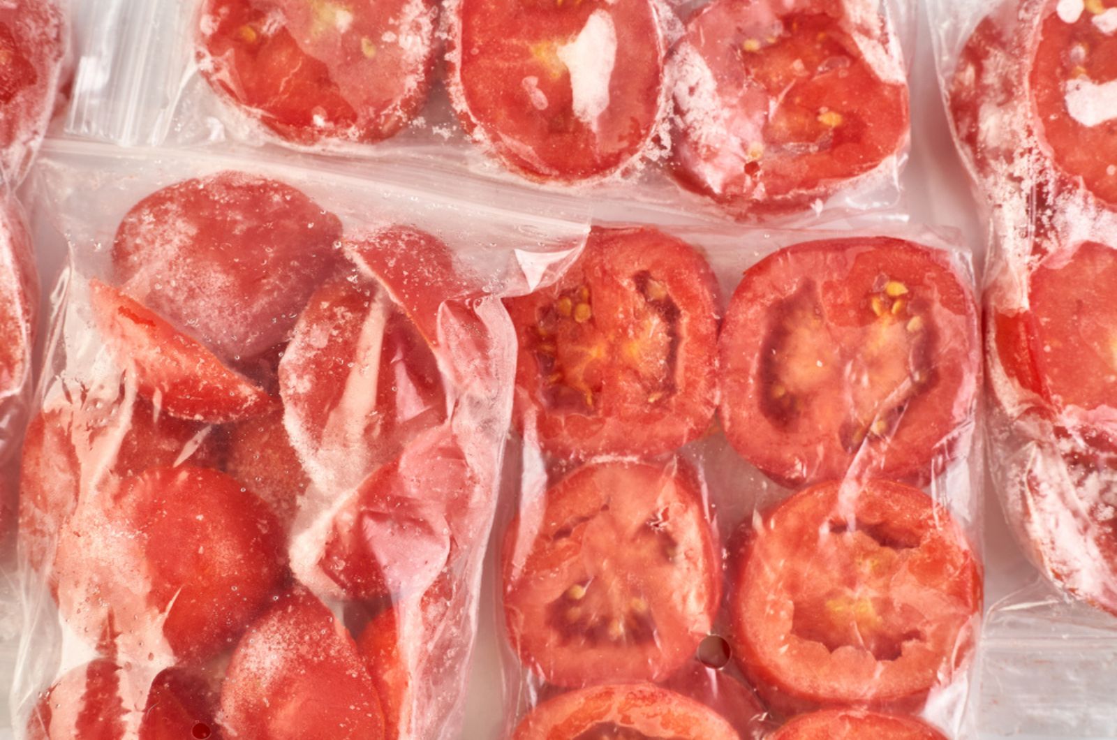 Frozen tomato slices are packed in plastic bag 