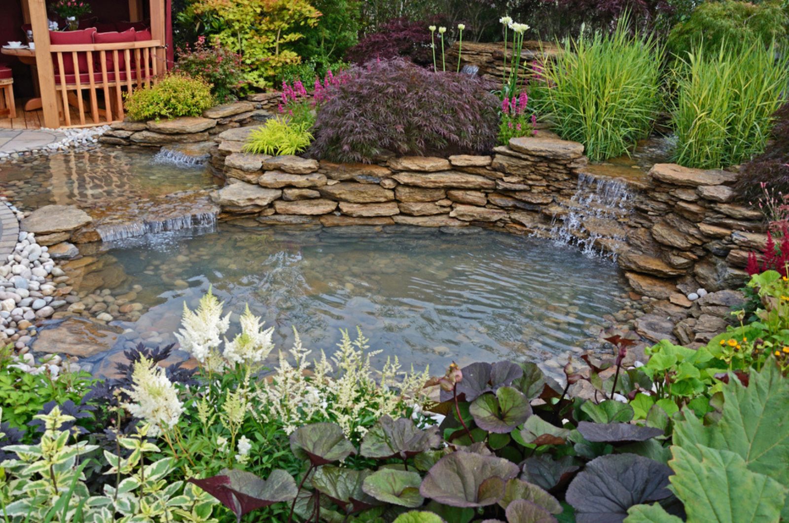 The pond area in an aquatic garden with planted rockery and waterfalls