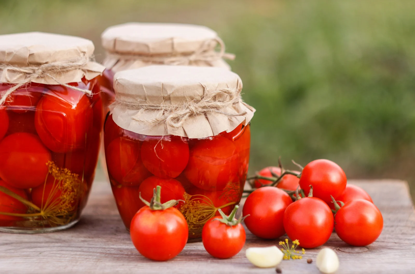 cherry tomatoes in jar on a wooden table