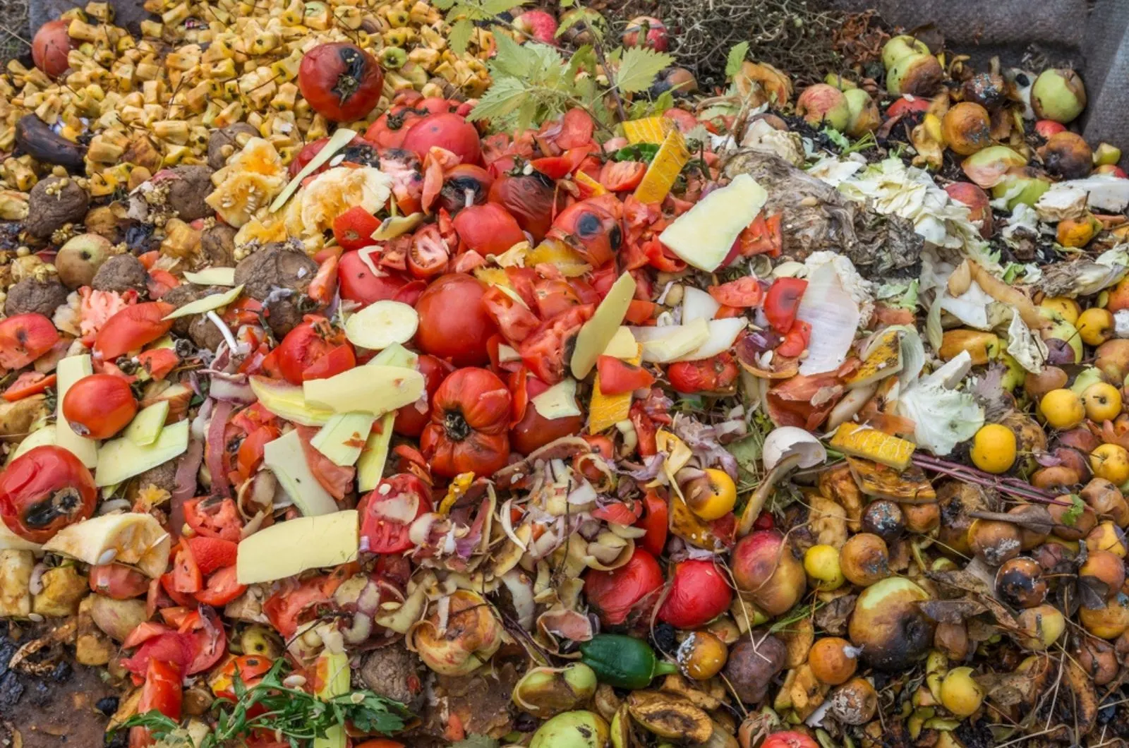 Waste of vegetables and fruits in a compost heap