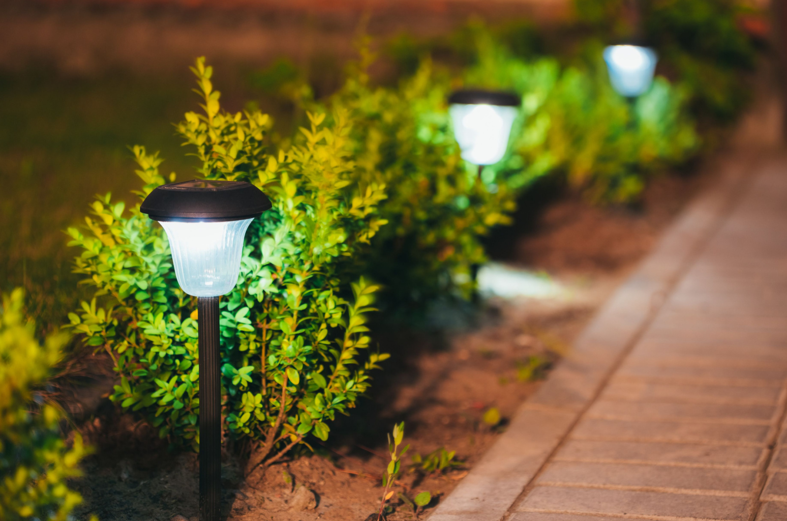 small lights in flowerbeds in yard