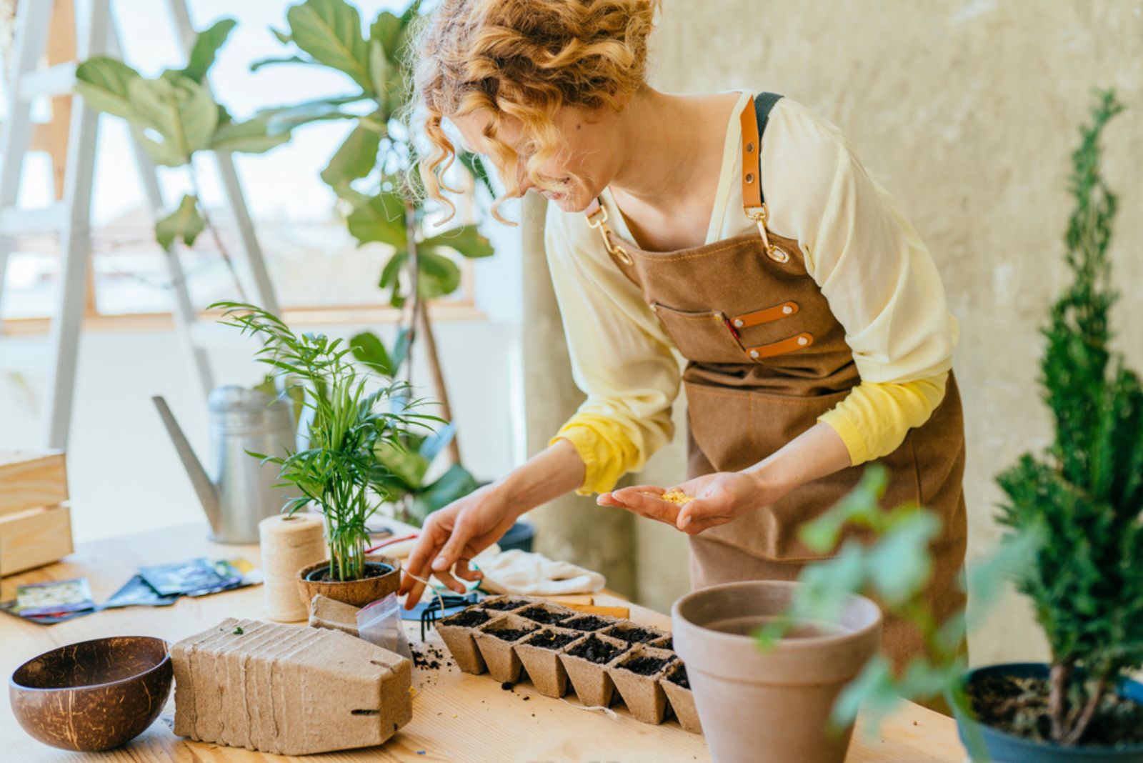 woman taking care of plants