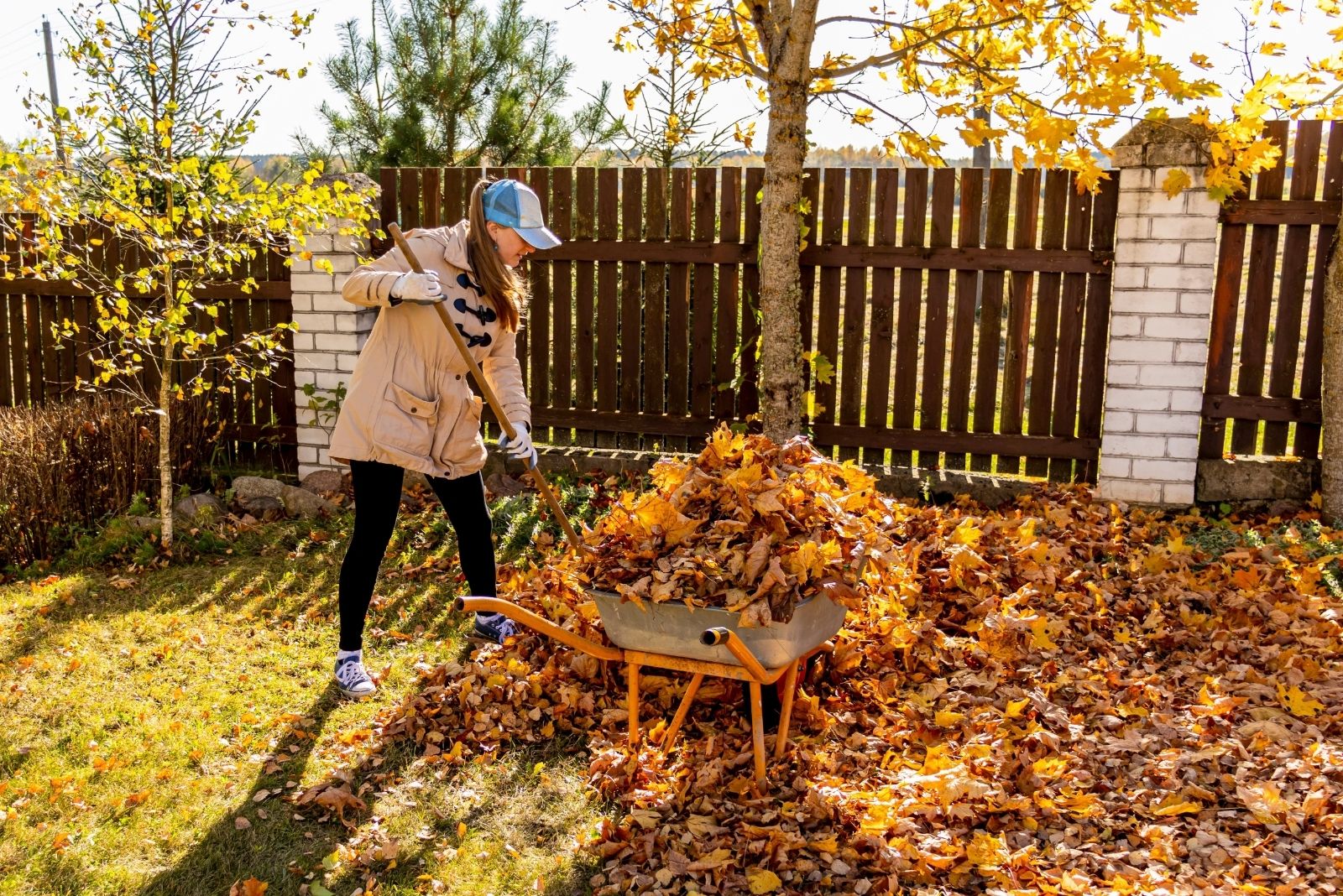 a girl is raking leaves in the garden