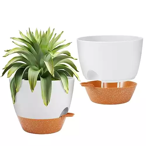 GARDIFE 10 inch Plant Pots,Self Watering Pots, 2 Pack Flower pots, Large Plastic Planters with Deep Reservior and High Drainage Holes for Indoor Outdoor Plants and Flowers, White