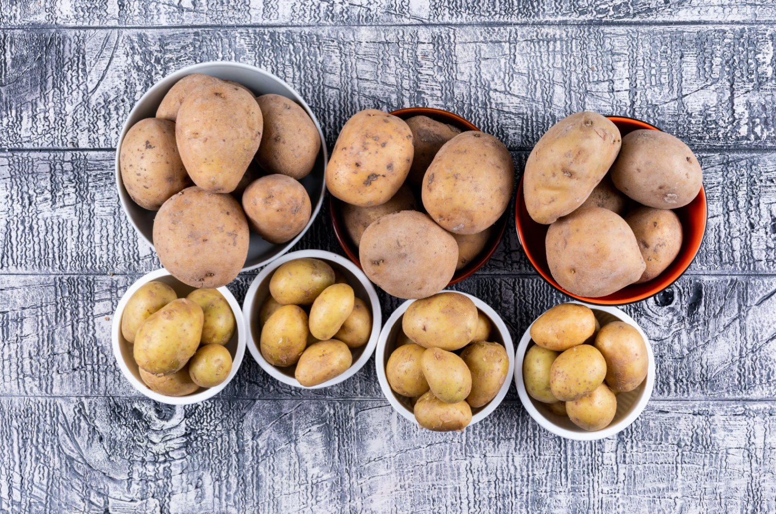 Top view small and big potatoes in bowls on gray wooden background
