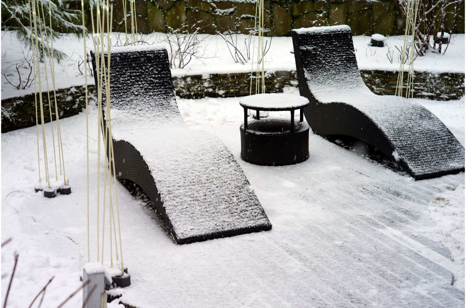 garden furniture on a snowy day