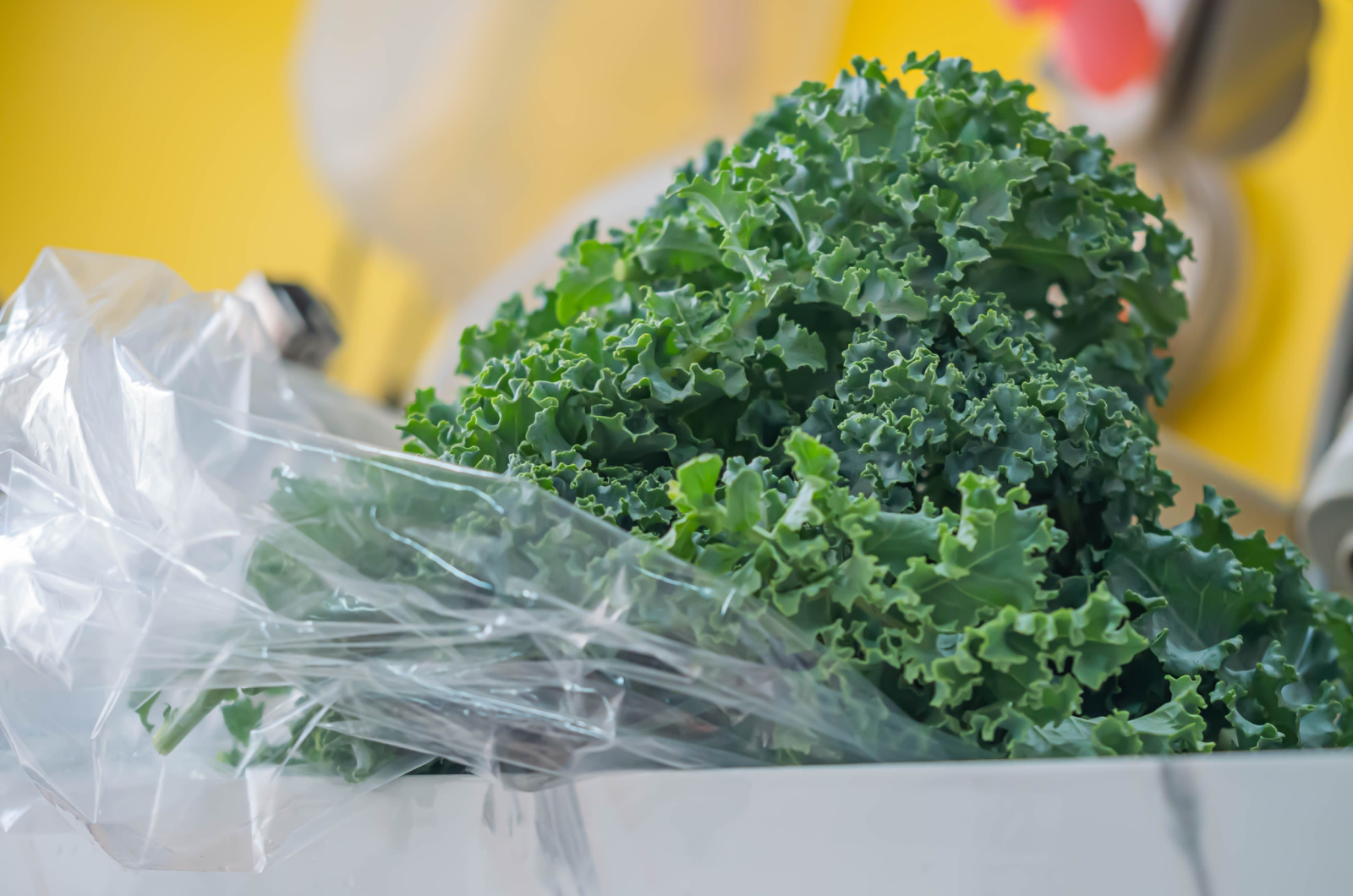 Closeup of fresh green curly kale in plastic bag