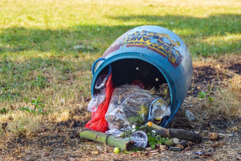 overturned trash can in the garden