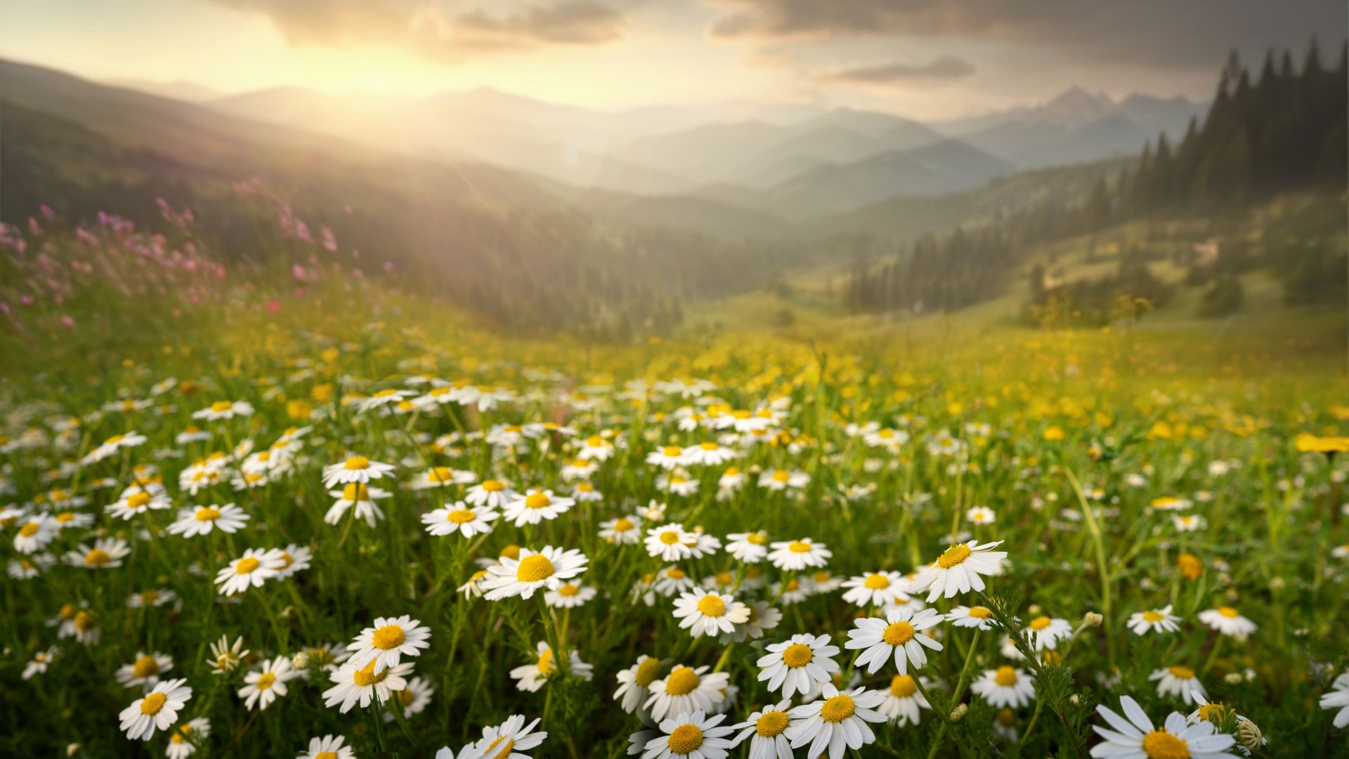 Mountain and daisies