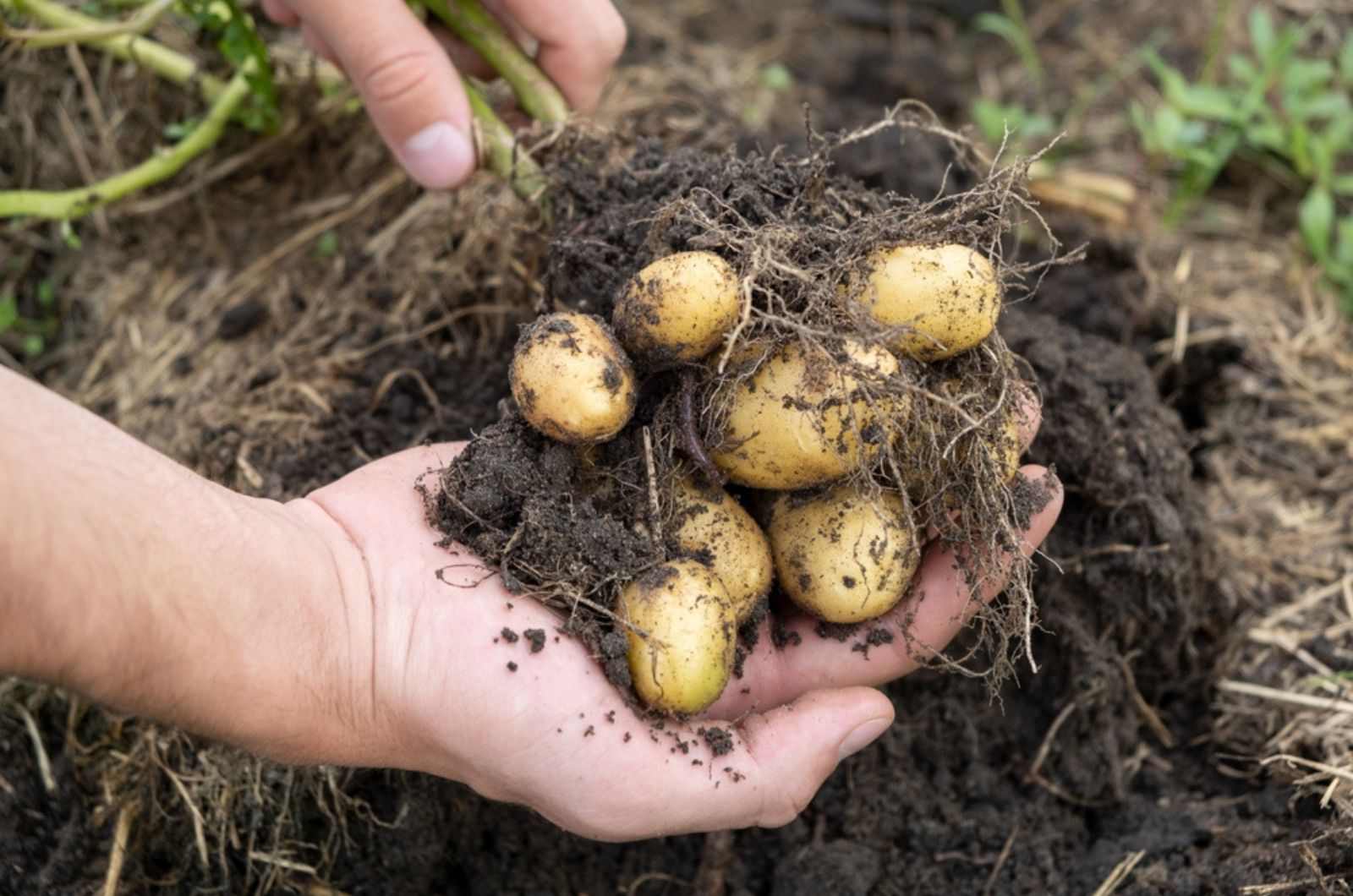 gardener holding digged potatoes