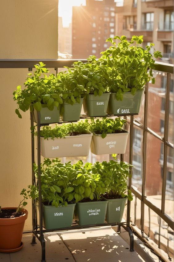 herbs in pots on the balcony