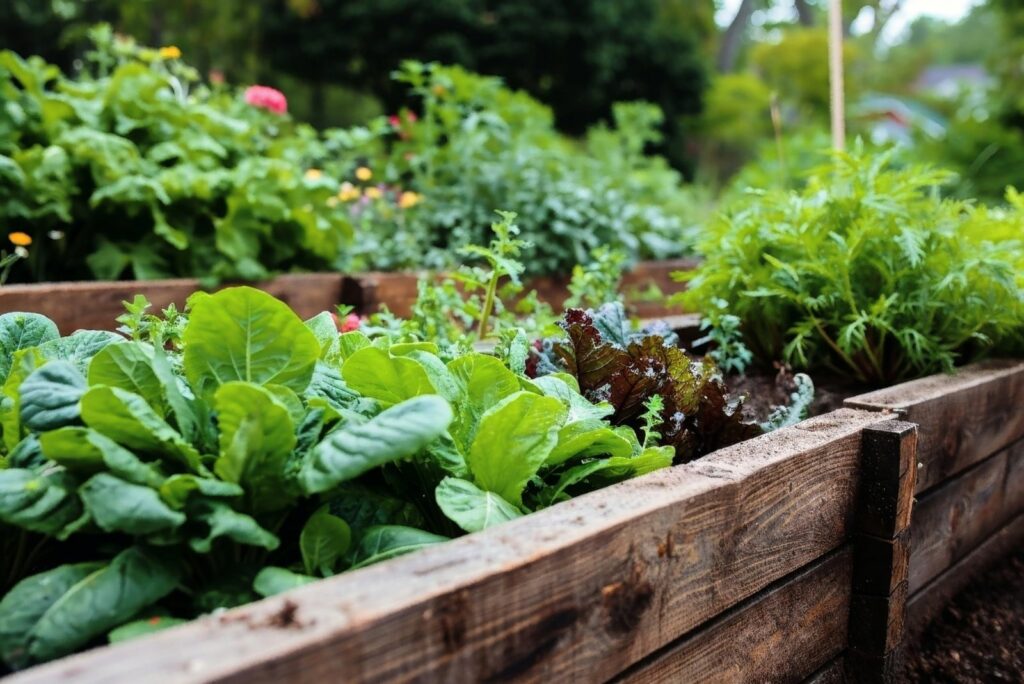 A raised bed in a garden growing vegetables