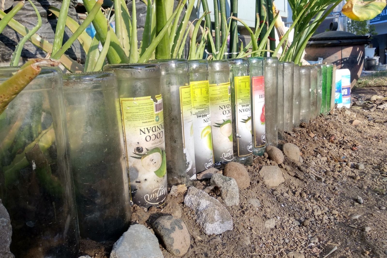 A row of upcycled glass bottles used as a decorative border