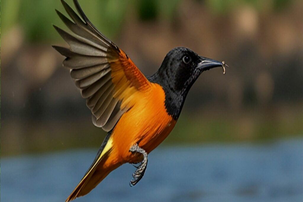 Baltimore Oriole in flight