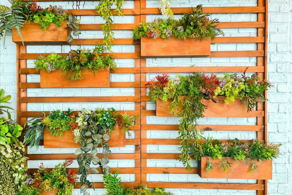 The walls are decorated with vertical gardens