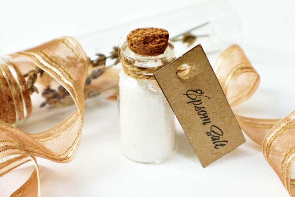 epsom salt in a small glass bottle with cork