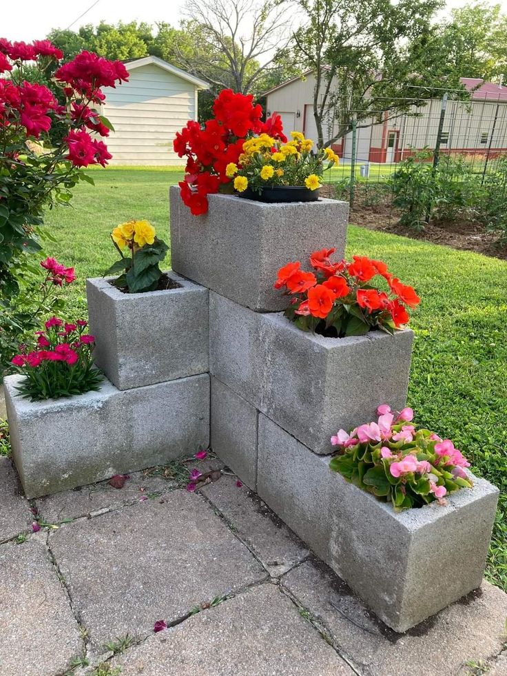 beautiful flowers in cinderblocks