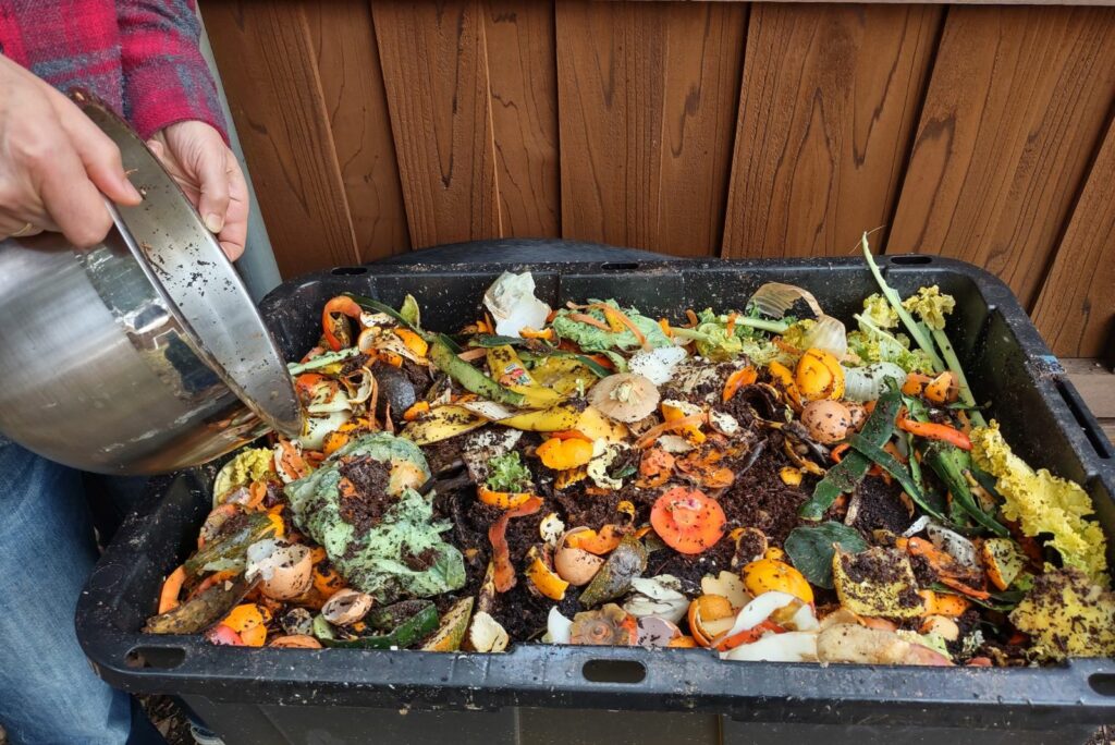 compost in a black large bin