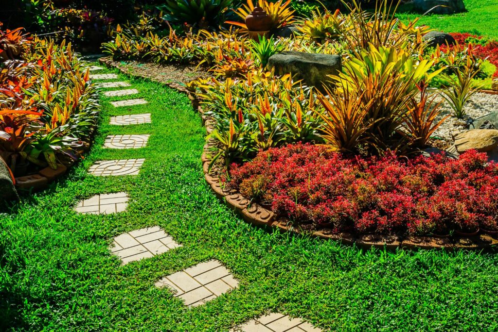 decorated yard with stone path