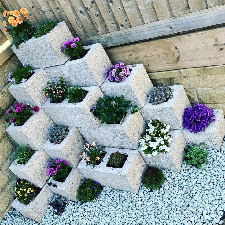 flowers in cinderblocks