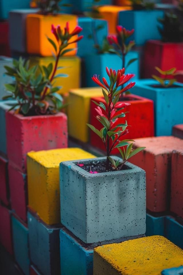 plants in colorful cinderblocks