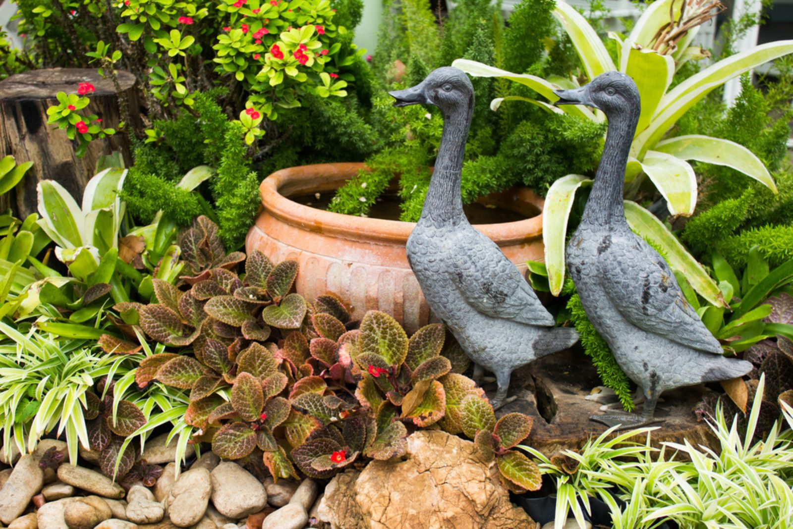 stone duck decoration in garden