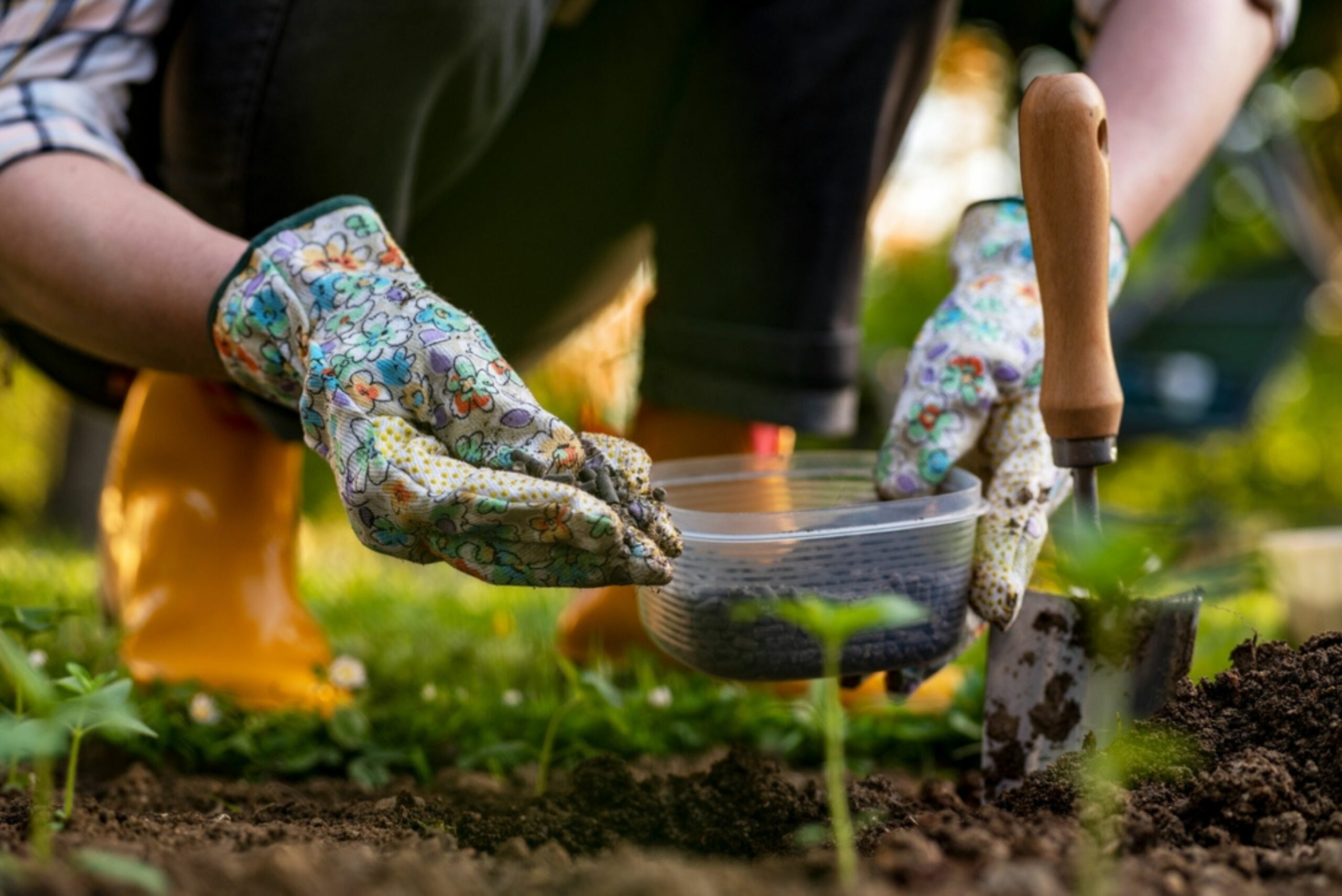 woman adding compost to garden