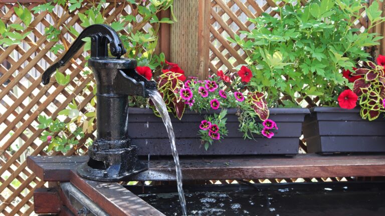 A water fountain infront of a lattice with annuals