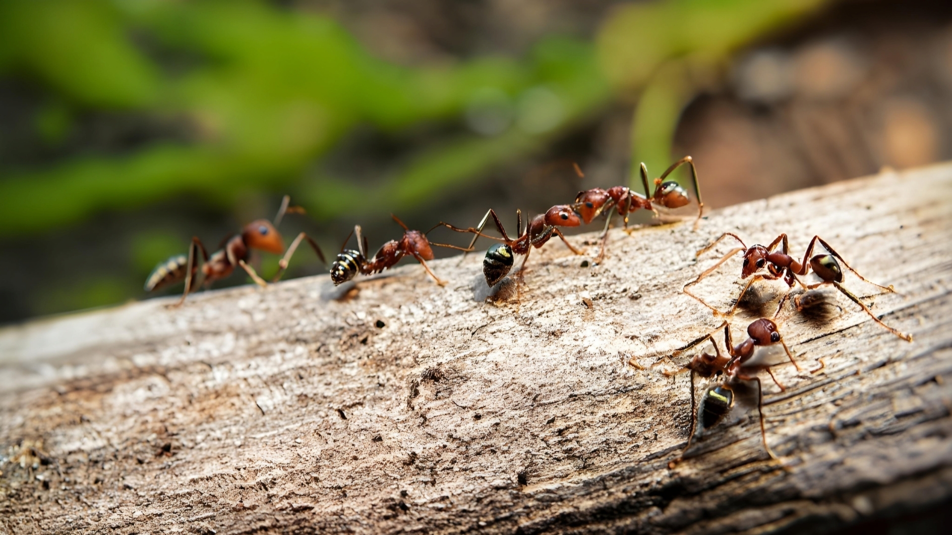 a colony of ants walking on a log in the forest