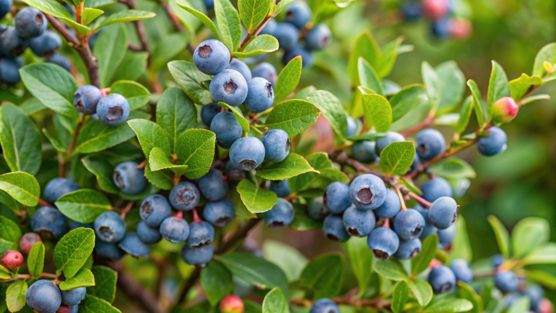 A vibrant blue huckleberry bush displaying clusters of ripening blueberries in a well-tended garden