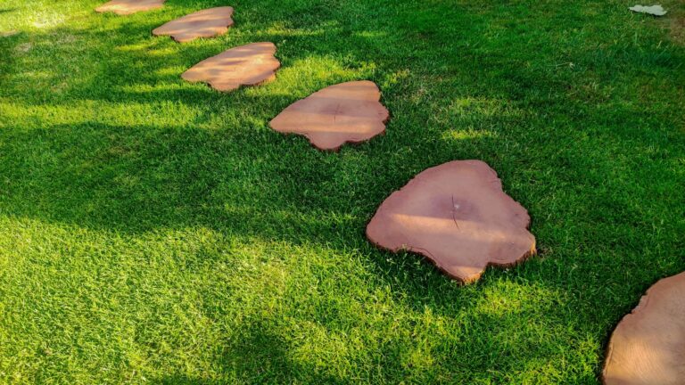 Beautifully arranged wooden stepping stones on a lush green lawn create a serene outdoor pathway.