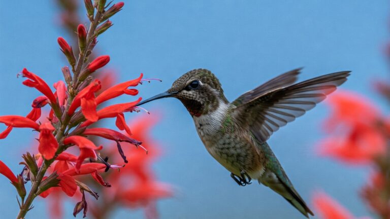Hummingbird Feeding on Red Flowers