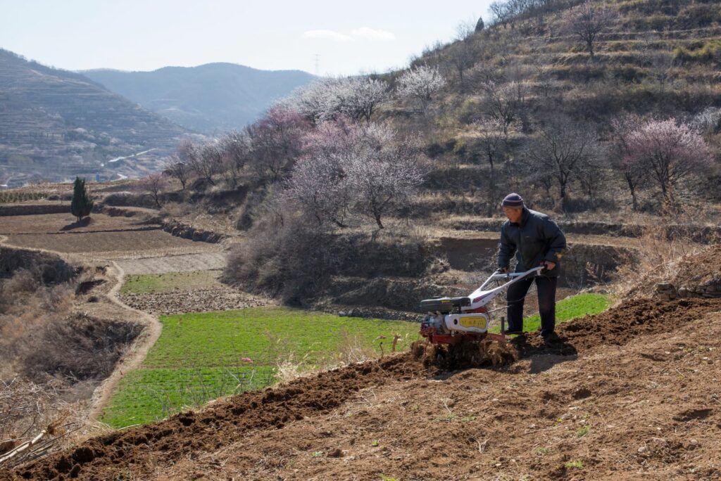 a man cultivates the land with a machine