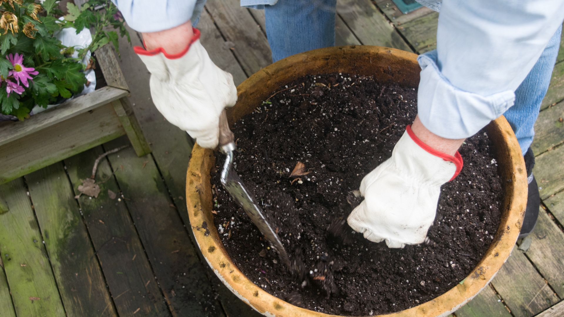 Woman Using a Shovel to Dig, Work and Mix Potting Soil Dirt in a Gardening Flower Planter with Gloves on