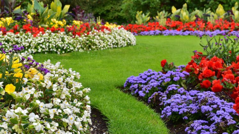 Landscape View of a Beautiful Landscape Garden with a Freshly Mowed Lawn and Flowerbeds in Bloom
